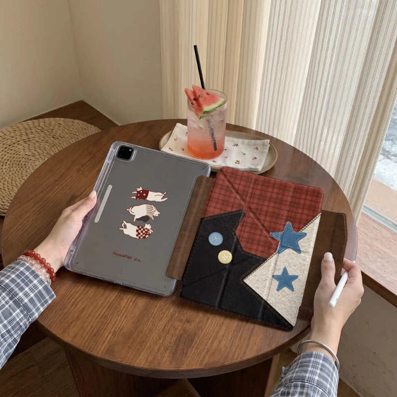Cute Retro Cat Tablet Case For iPad Pro 11 12.9 13 A16 M2 M4 M3 M5 Shell 8.3 9.7 10.2 5/6/7/8/9/10/11th MINI Air 3 4 5 6 7 Cover