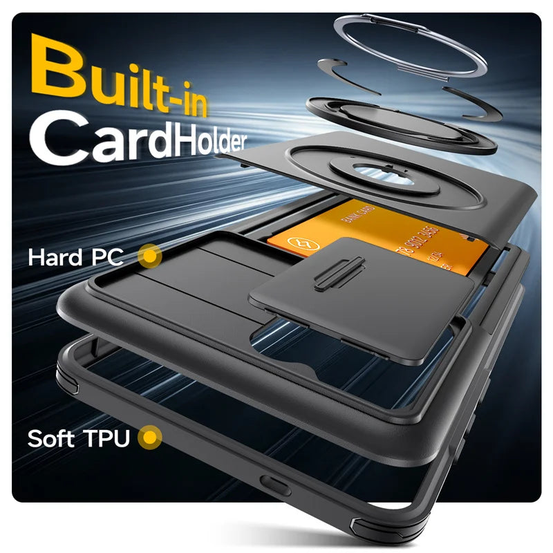 Slide Lens Card Slot Holder Cover Funda For Samsung Galaxy S22 S23 S26 Ultra S25 Plus S24 FE Case Armor Magnetic Holder Coque