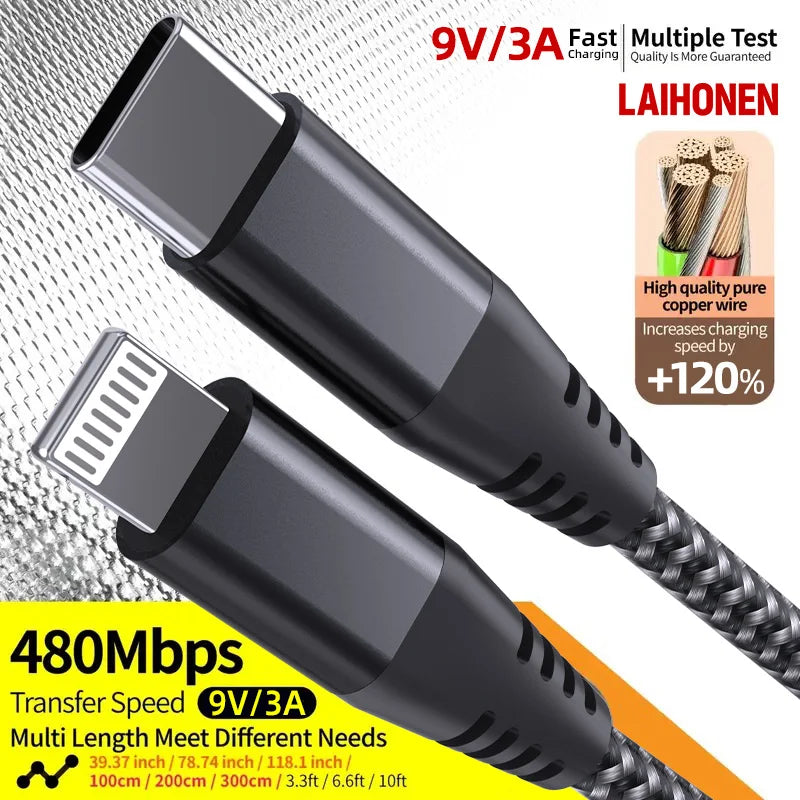 LAlHONEN MFi Certified USB‑C to Lightning Fast Charging Cable 1M 2M 3M 10ft For iPhone 14 13 12 11 XS XR X