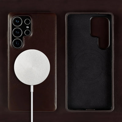Full Wrapped Magnetic Genuine Leather Phone Case for Samsung Galaxy S25 Edge Cases S24 S23 S22 S21 S26 Wireless Charging Cover