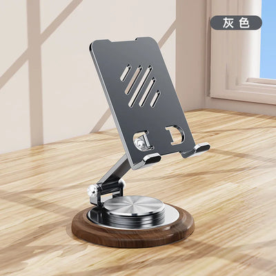 Black Walnut Wood Base Phone Holder Metal Stand 720° Rotating Foldable Desktop Stand Easy Storage for Mobile Phone Tablet Holder