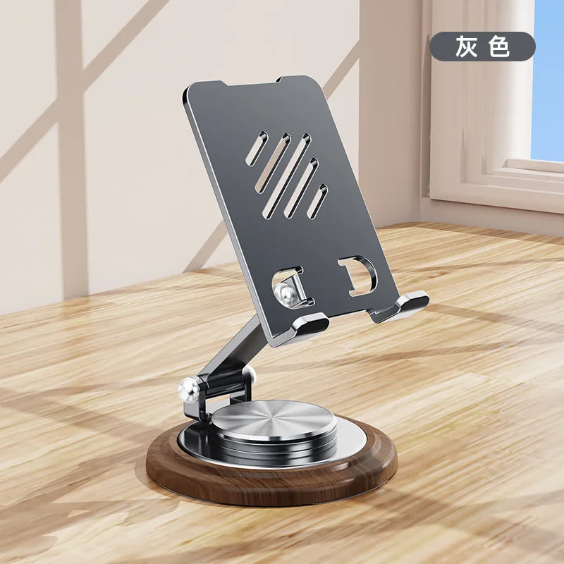 Black Walnut Wood Base Phone Holder Metal Stand 720° Rotating Foldable Desktop Stand Easy Storage for Mobile Phone Tablet Holder