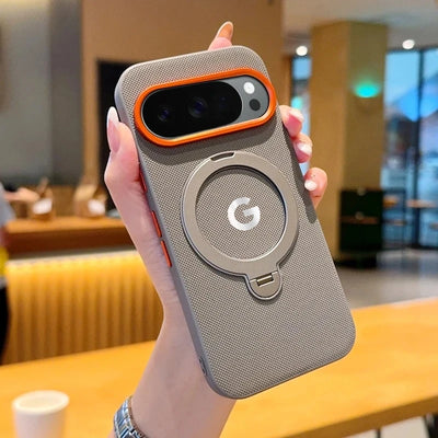 Busines Texture Woven Leather Magnetic Rotable Bracket Case For Google Pixel 11 Pro 10 Pro XL Alloy Button Lens Frame Back Cover