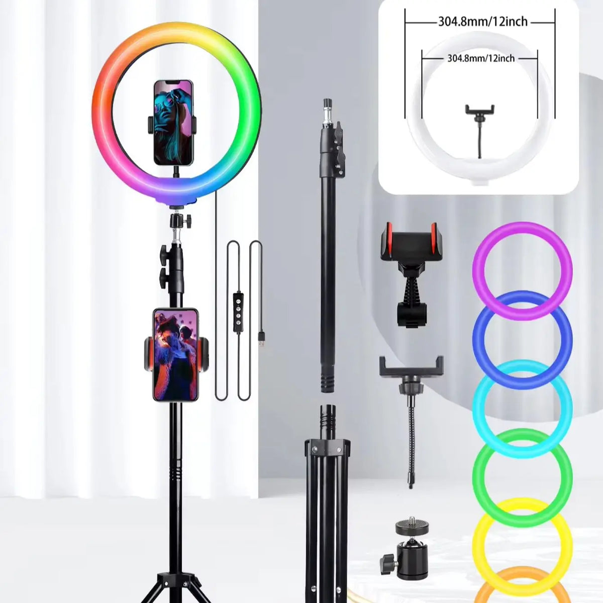 A 10 Inch Professional Selfie Ring LED Light, USB Powered,160cm Tall Stand, 38-Color RGB, Live Streaming, Makeup Fill Lights