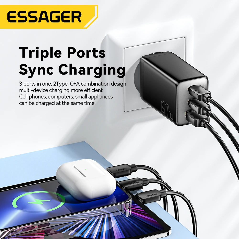 Essager 67W GaN USB Type C Charger PPS 65W Fast Charge For Samsung QC 4.0 PD 3.0 iPhone 15 14 13 Pro Huawei Phone Laptop Chagers
