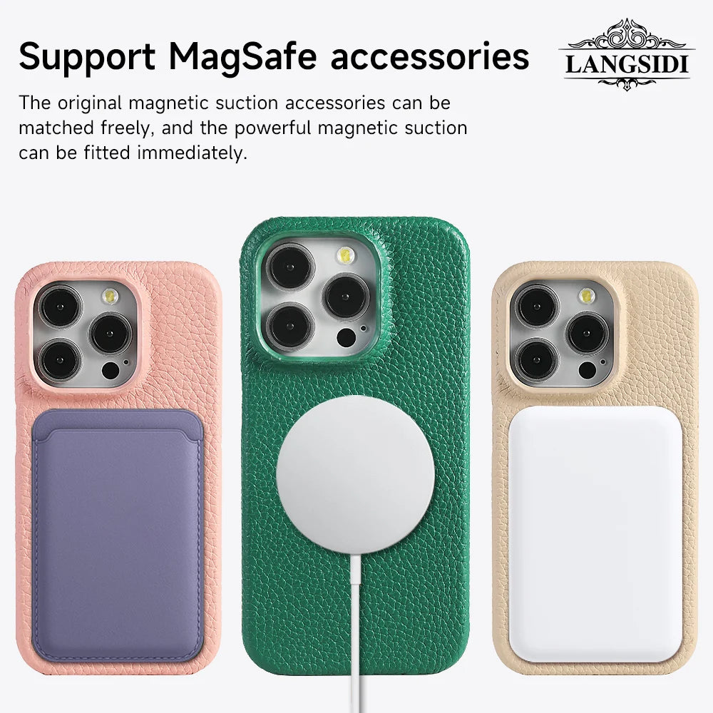 LANGSIDI Natural Cowhide Leather for Magsafe Case for iPhone 16 15 17 18 Pro Max 15Pro 16Pro Luxury Magnetic Phone Back Cover