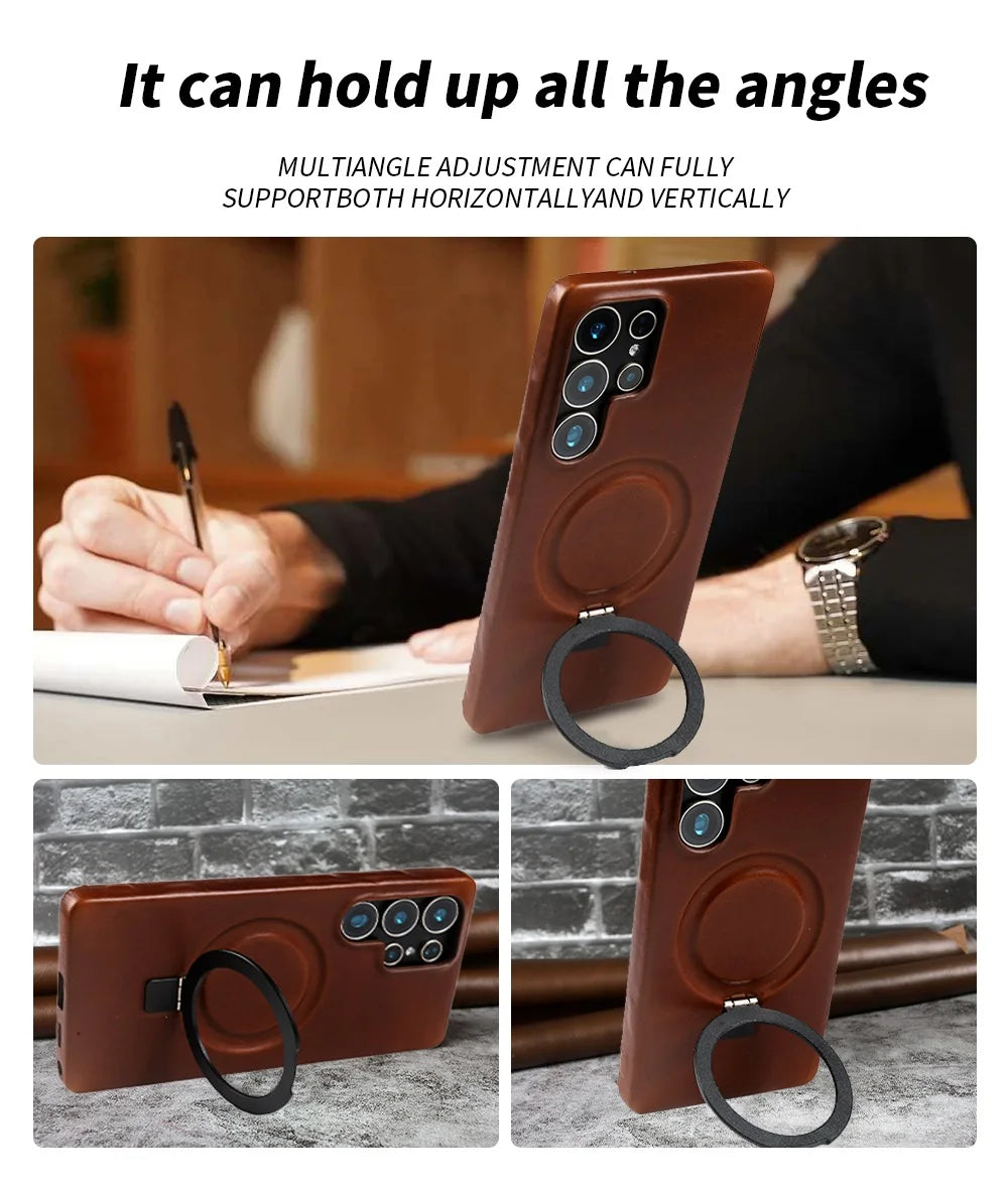 Luxury Magnetic Ring Genuine Leather Case for Samsung Galaxy S26 Ultra S24 S25edg S23 S22 S21 S20 S23 Stand Bracket Phone Cases