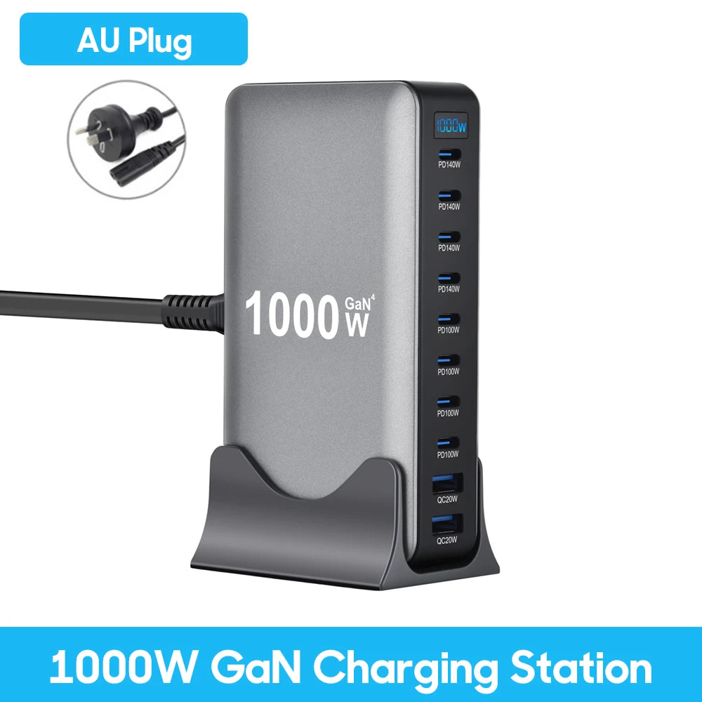 1000W GaN Charger USB C Fast Desktop 10Port USB Type C PD3.1 Charger Fast Charging for iPhone 17 16 15 Samsung S24 Xiaomi Laptop