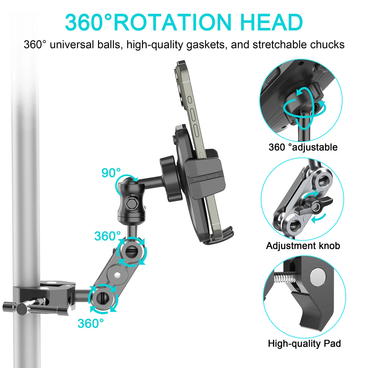 Phone Holder with Super Clamp for Treadmill/Spin Bike/Stroller/Wheelchair/Golf Cart/Poles/Music Stand/Stationary Bike/Handlebar