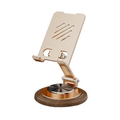 Black Walnut Wood Base Phone Holder Metal Stand 720° Rotating Foldable Desktop Stand Easy Storage for Mobile Phone Tablet Holder