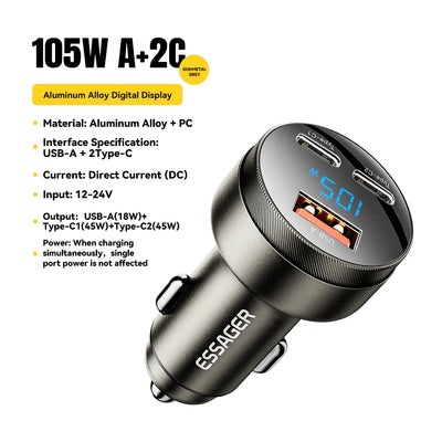 Essager 105W Digital Display Fast Car Charger For iPhone 15 14 pro MacBook USB A C Quick Charger For Huawei Xiaomi Samsung OPPO