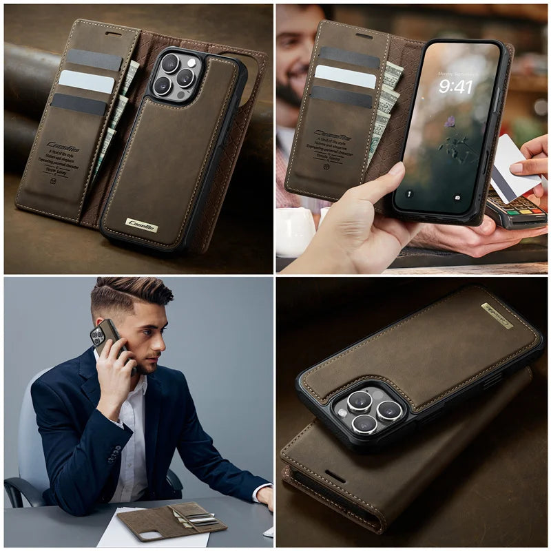 Magnetic Flip Leather Phone Case for iPhone 17 Pro Max 17E Air 16 Plus 15 14 13 12 11 Wireless Charging Wallet Cards Cover Coque