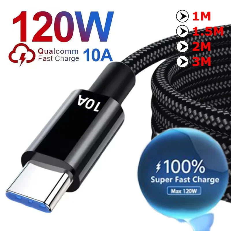 120W 10A Cable Super Fast Charge Cable USB A To Type C Data Cord Braided Cable 1/1.5/2/3M For Xiaomi iPhone Quick Charging Cable