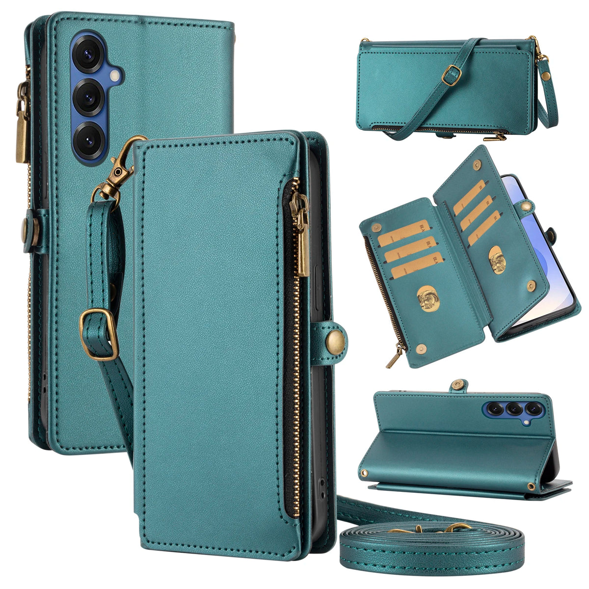 Flip Cover Protective Case for Redmi Note 8/9/10/11/12/13/14/15Pro with Multiple Card Slots, Crossbody Strap, Wallet Phone Case, Zipper Coin Pocket, Stand, Faux Leather Protective Cover