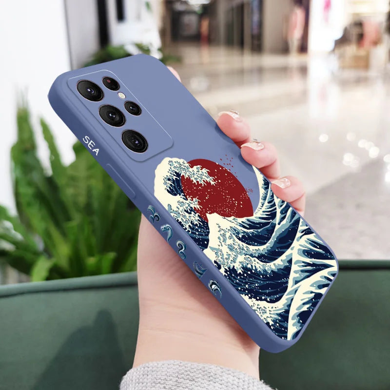Red Sun Sea Waves Phone Case For Samsung Galaxy S25FE  S24 S23 S22 S21 S20 Ultra Plus FE S10 S9  Note 20 ultra 10 9 Plus Cover