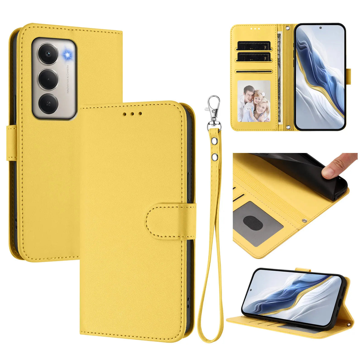 Solid Color Flip Wallet Leather Case For iPhone 17 13 14 15 16 12 Pro Max Air 16E 16 15 14 Plus 12 13 Mini Lanyard Back Cover