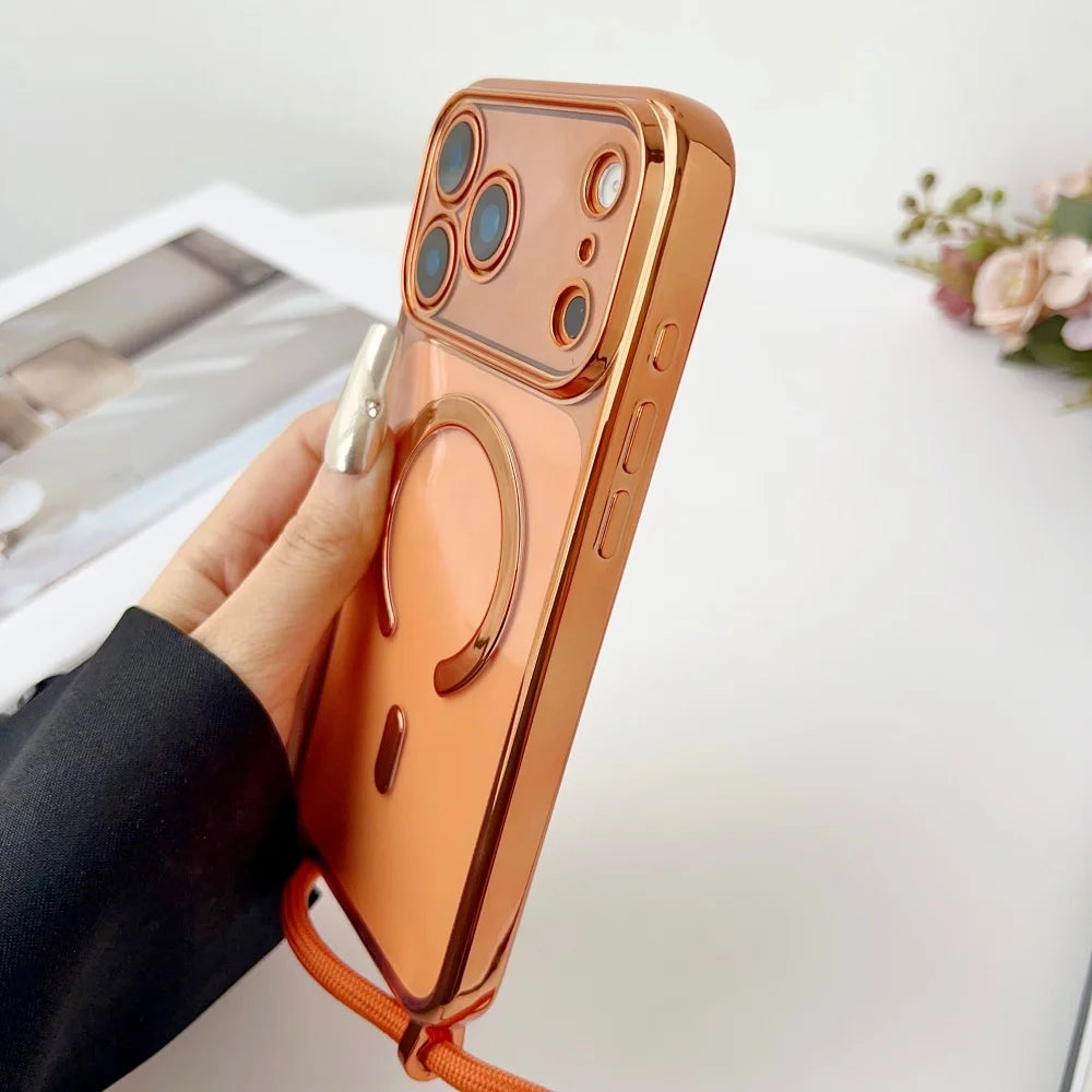 Luxury Necklace Cord Rope Lanyard Plating Magnetic Clear Phone Case For Iphone 17 16 14 11 12 13 15 Pro Max For Magsafe Cover