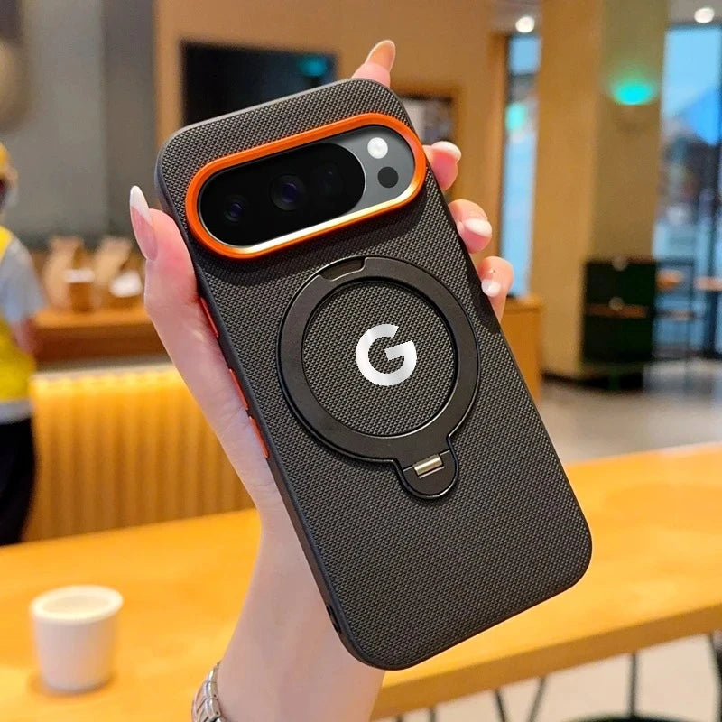 Busines Texture Woven Leather Magnetic Rotable Bracket Case For Google Pixel 11 Pro 10 Pro XL Alloy Button Lens Frame Back Cover