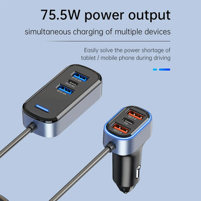 Car Charger USB C Adapter, 75.5W Car Charger 6-Port, High-Speed Car Accessories With Quick Charge PD 3.0 & 2.4A Dual Port, With 5FT Cable, For IPhone,For Android