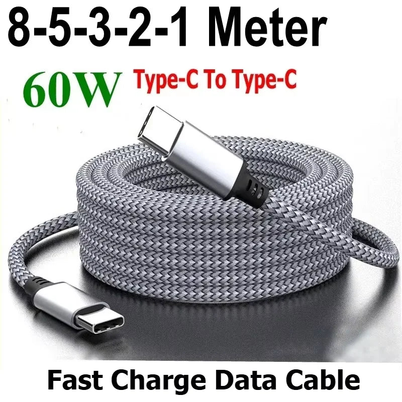 60W Type C To Type C Fast Charge Cable Universal Extended Nylon Braided 1M 2M 3M 5M 8M For Samsung Xiaomi Oneplus PD Data Cord