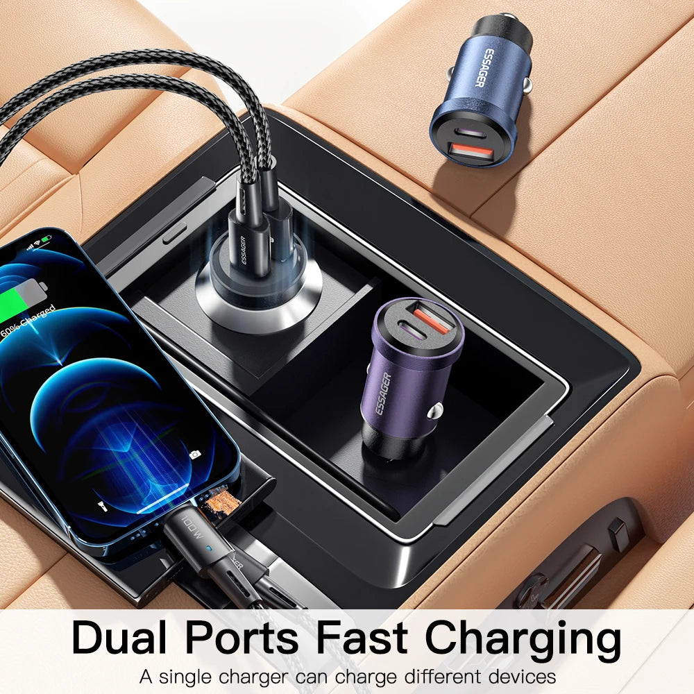 Essager 30W Car Charger QC 4.0 and QC 3.0 for Xiaomi Huawei Supercharge SCP Samsung AFC PD Fast Charging for IP USB C Phone Char