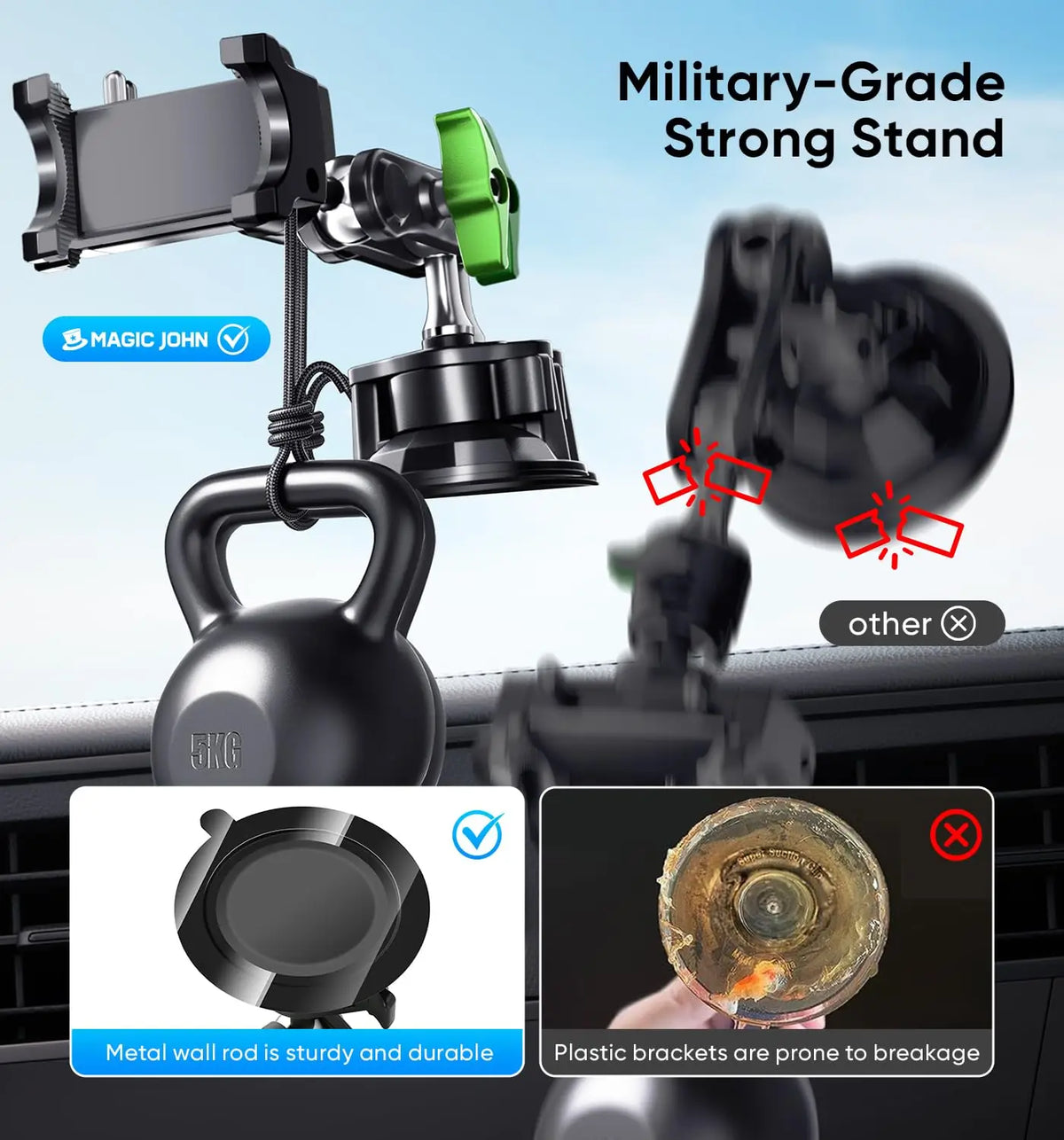 Universal Metal Car Phone Mount, 360° Rotation for Windshield/Dashboard, Suction Cup Holder for IPhone Samsung All Smartphones