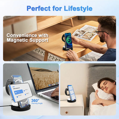 3 in 1 Wireless Charger Desktop Foldable 15W Fast Charging Stand For iPhone 17 16 15 14 13 12 11 X 8 Apple Watch Airpods