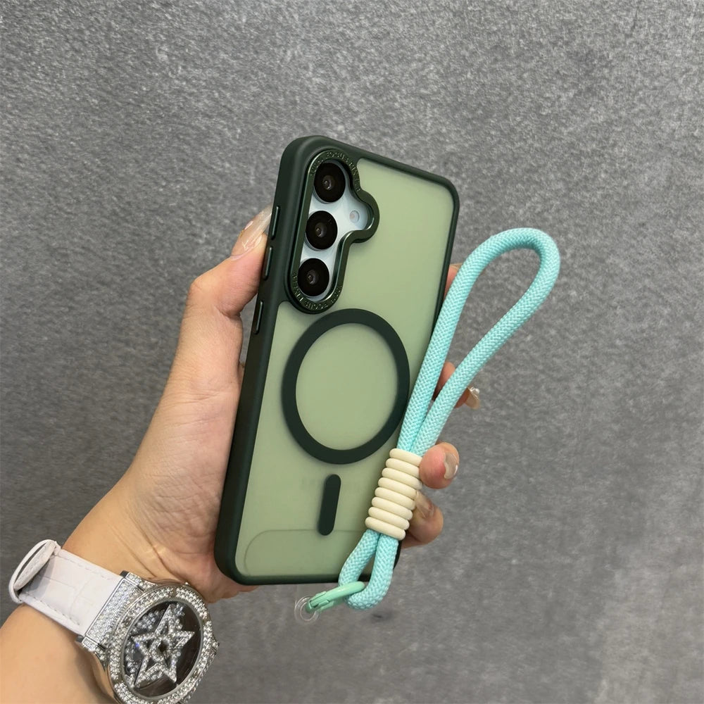 Luxury Matte Magnetic Lanyard Case for Samsung Galaxy S26 S25 Ultra S23 Plus S24 FE Hand Wrist Strap Frosted Shockproof Cover