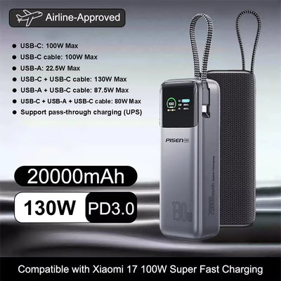 PISEN 130W Power Bank With Fast Charging USB-C Cable 20000mAh PD3.0 Powerbank for Laptop Notebook iPhone External Battery