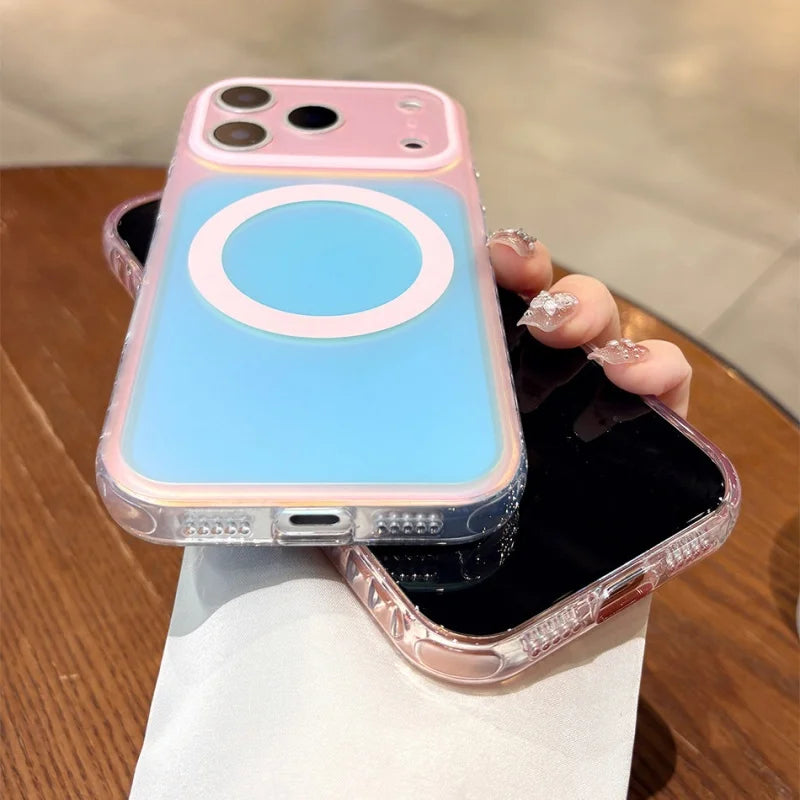 Luxury Laser Aurora Gradient For Magsafe Phone Case For iPhone 18 17 16 15 Pro Max Magnetic Wireless Charging Hard Bumper Cover