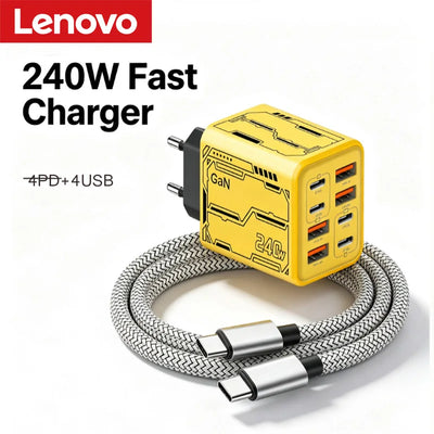 Lenovo 8‑in‑1 240W Multi-Port Charger 4USB 4Type C with PD Fast Charging Charging Station for Smartphone Universal EU US UK Plug