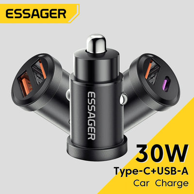 Essager 30W Car Charger QC 4.0 and QC 3.0 for Xiaomi Huawei Supercharge SCP Samsung AFC PD Fast Charging for IP USB C Phone Char