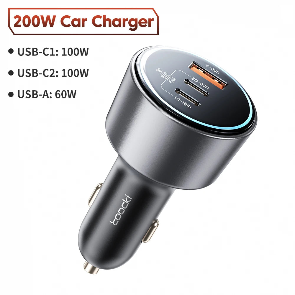 Toocki 200W Car Charger Quick Charge 4.0 PPS 45W PD 100W Fast Charging USB C Car Phone Charger for Macbook iPhone 15 14 Samsung