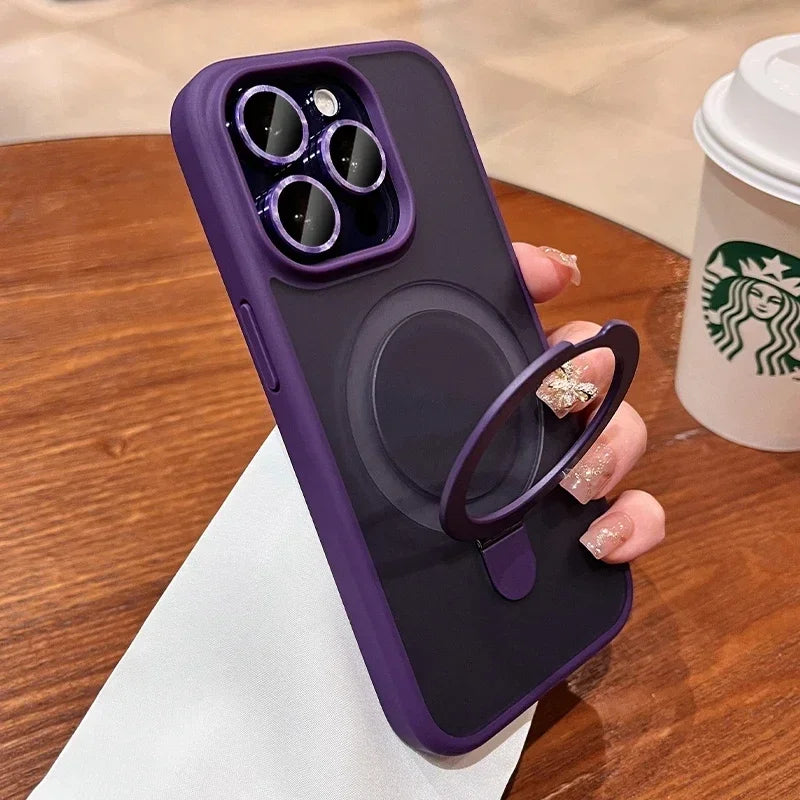 Matte Ring Holder Glass Lens Phone Case For iPhone 16 17 15 14 13 12 11 Pro Max For Magsafe Wireless Magnetic Hard Bumper Cover