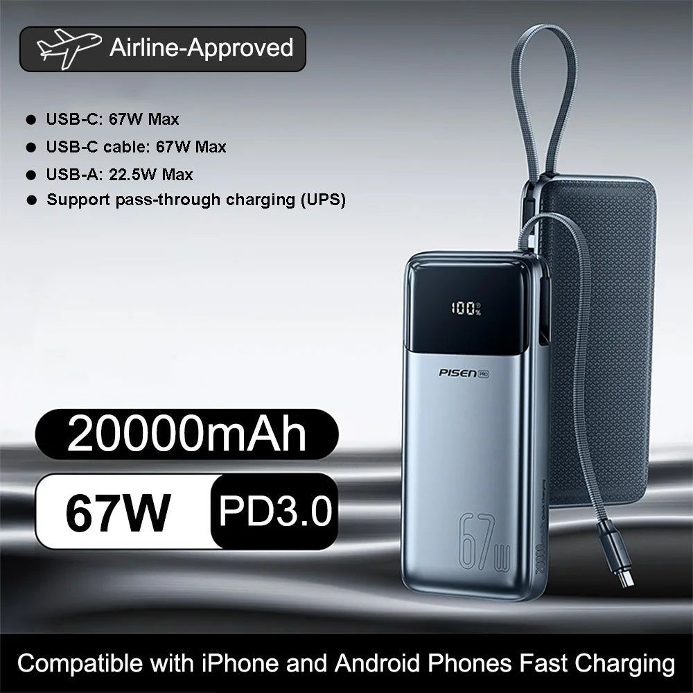 PISEN 130W Power Bank With Fast Charging USB-C Cable 20000mAh PD3.0 Powerbank for Laptop Notebook iPhone External Battery