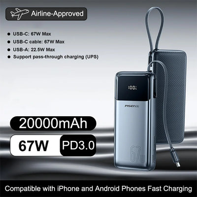 PISEN 130W Power Bank With Fast Charging USB-C Cable 20000mAh PD3.0 Powerbank for Laptop Notebook iPhone External Battery