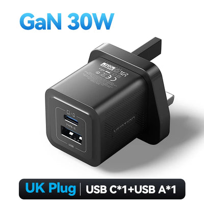 Vention 30W GaN USB Type C Charger PD 3.0 Dual Ports Fast Charging for iPhone 8-16 Tablet Xiaomi Samsung USB Type C USB Charger