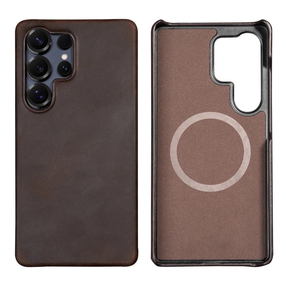 Retro for Magsafe Case for Samsung Galaxy S26 S24 S25 Ultra Plus S26+ Luxury Genuine PULL-UP Leather Magnetic Phone Back Cover