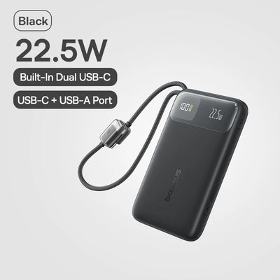 Baseus 10000mAh Power Bank 22.5W Built-In Dual USB-C Cable Thinner Fast Charging for iPhone 17 Pro Max Samsung S25 Xiaomi Poco