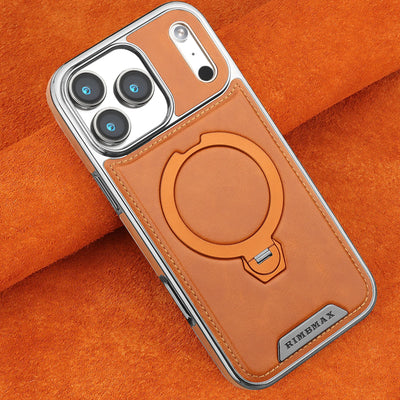 Magnetic Rotat Bracket Luxury Leather Phone Case For iPhone 12 13 14 15 16 17 18 Pro Max Plus Wireless Charging Shockproof Cover