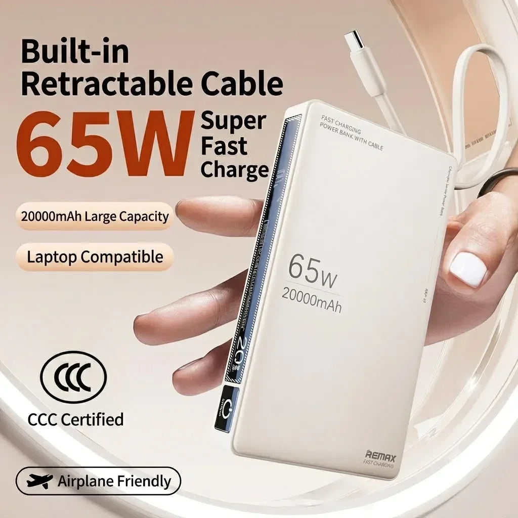 Remax 65W 20000mAh PowerBank Type C For Laptop Tablet Phone Spare battery Portable Charger Mobile External Battery Fast charging