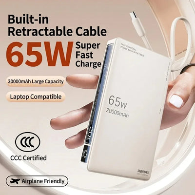 Remax 65W 20000mAh PowerBank Type C For Laptop Tablet Phone Spare battery Portable Charger Mobile External Battery Fast charging