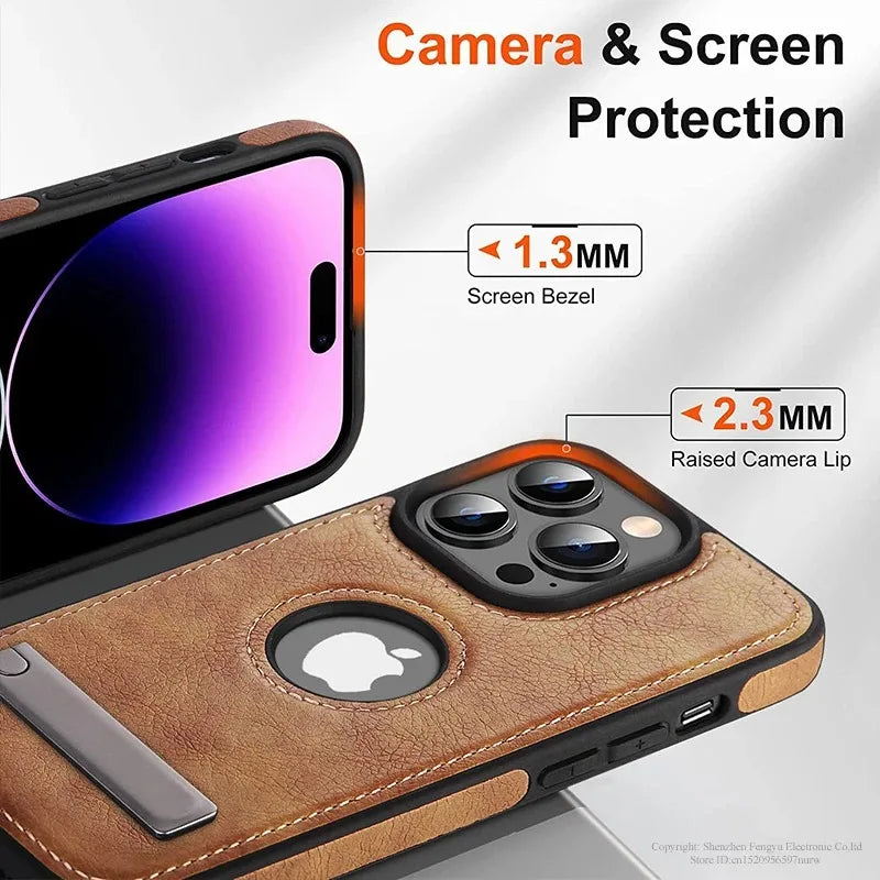 PU Leather Phone Case with Kickstand for iPhone 17 16 15 Pro Max 14 Plus 13 12 11 Mini Soft Grip Luxury Back Cover with Stand