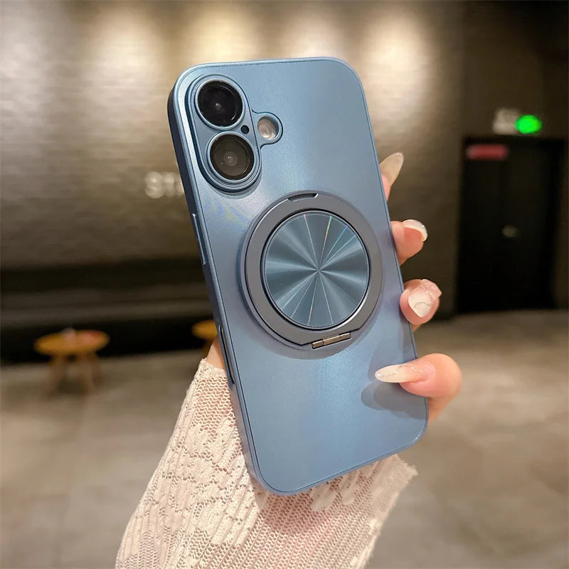 360 degree Rotatable Magsafe Ring Holder Case For iPhone 16 Pro Max 16 Plus 15 Pro 14 13 12 11 Frosted Plating Lens Film Cases