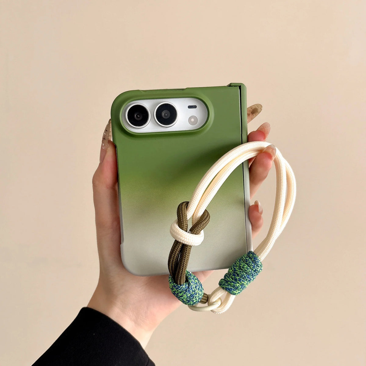 For iPhone Duo 2026 Luxury Gradient Color Hinge Protection Phone Case for iPhone DUO 18 Ultra 18Fold Wrist Strap Lanyard Cover