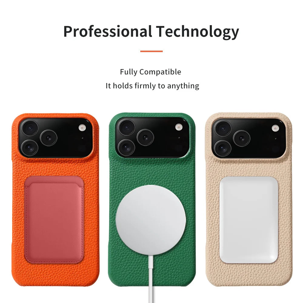 for Magsafe Case for iPhone 17 15 16 18 Pro Max Air Lychee Natural Cowhide Leather Magnetic Protector Luxury Phone Back Cover