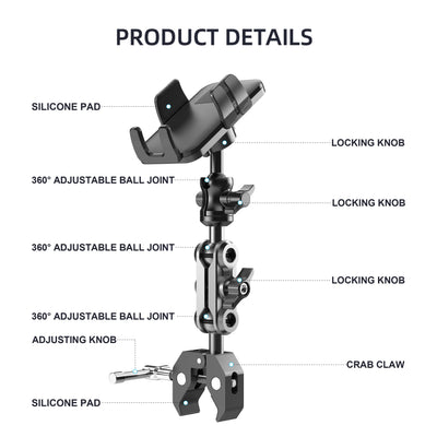 Phone Holder with Super Clamp for Treadmill/Spin Bike/Stroller/Wheelchair/Golf Cart/Poles/Music Stand/Stationary Bike/Handlebar