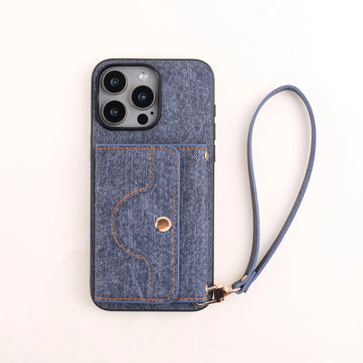 Denim Textured TPU+PU Leather Case for iPhone 12 13 14 15 11 16e Pro/Plus/ProMax Fashionable and Simple Rope Hanging Mirror Card