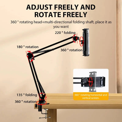 360 °   Adjustable Tablet Phone Stand Rotatable Long Arm Metal Holder for 4-11 Inch iPad iPhone Xiaomi Huawei Samsung