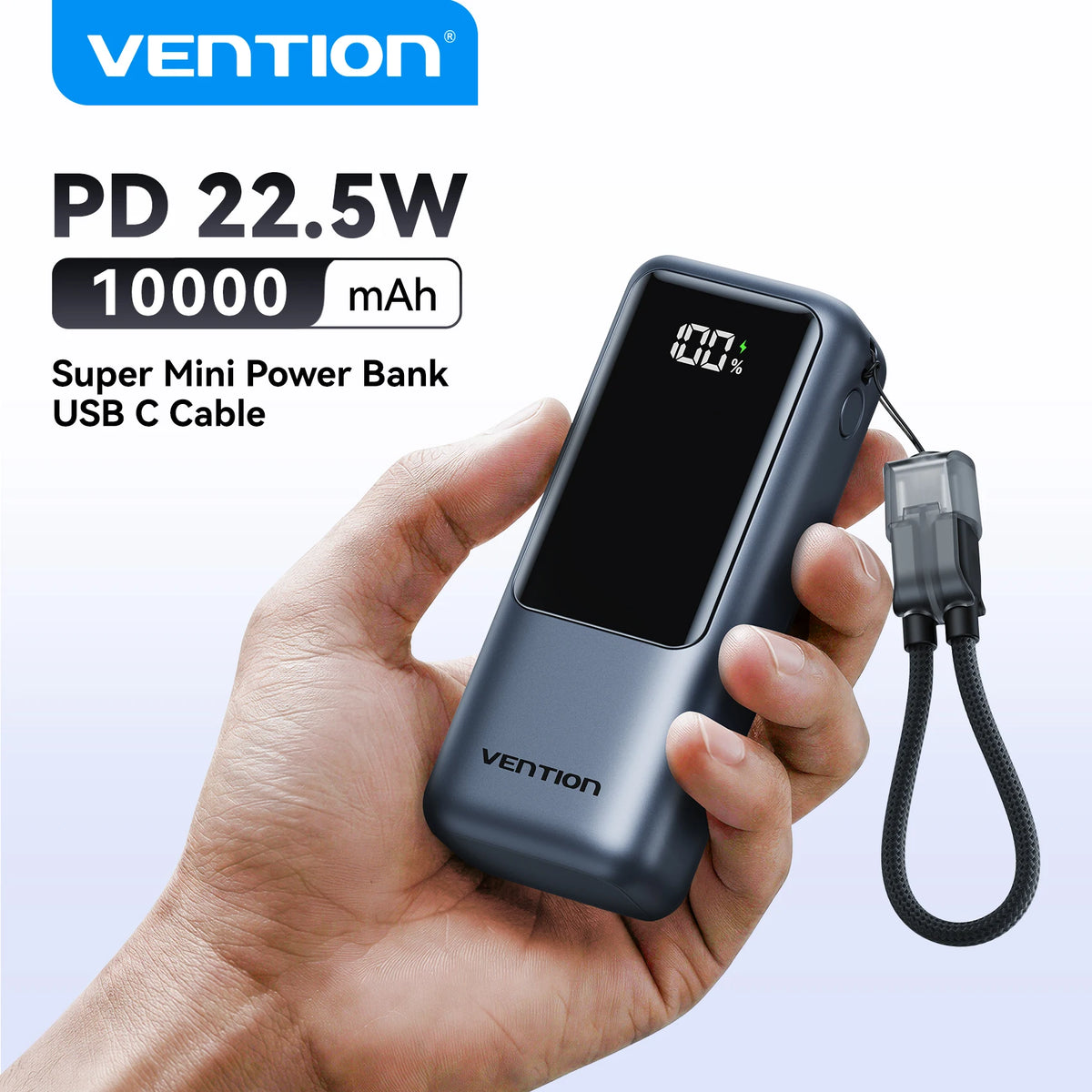 Vention 10000mAh Mini Power Bank 22.5w Portable Charger Built-in USB C Cable PD 3.0 Fast Charging for iPhone 17 18 Samsung S26